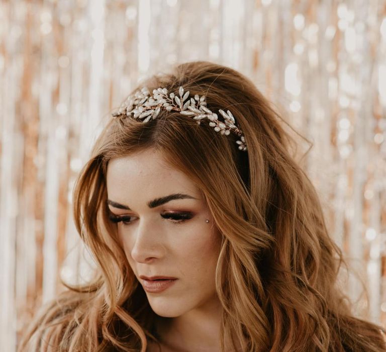 Bridesmaid makeup with smokey eyes and headdress