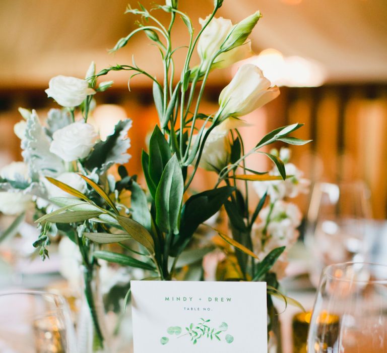 Green and White Table Number Sign and Floral Centrepiece