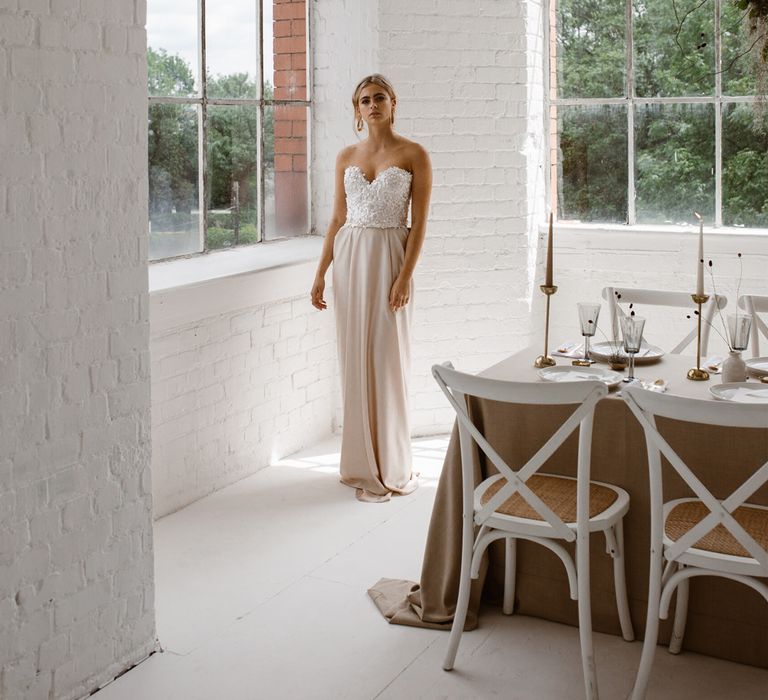 Sequinned Bodice Halfpenny London Bridal Wear // Minimalist Bridal Inspiration Styled By One Stylish Day With Foliage &amp; Dried Flowers // Bridal Wear By Halfpenny London // Images By Agnes Black