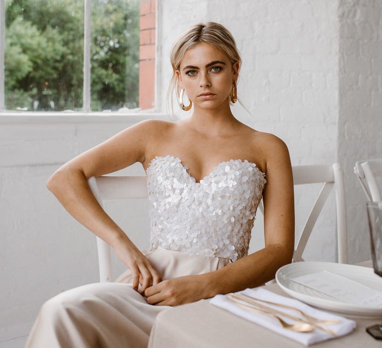 Sequinned Bodice Halfpenny London Bridal Wear // Minimalist Bridal Inspiration Styled By One Stylish Day With Foliage &amp; Dried Flowers // Bridal Wear By Halfpenny London // Images By Agnes Black