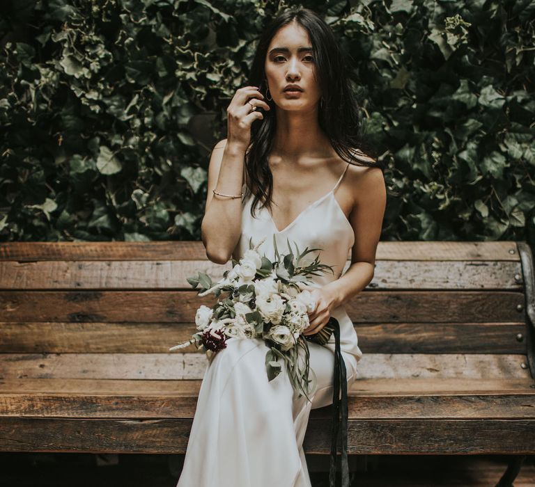 Bride in Slinky Marquis Bridal Gown | Minimalist Monochrome Inspiration with Anemone's &amp; White Genista Flowers styled by The Bijou Bride | Igor Demba Photography | Gione da Silva  Film