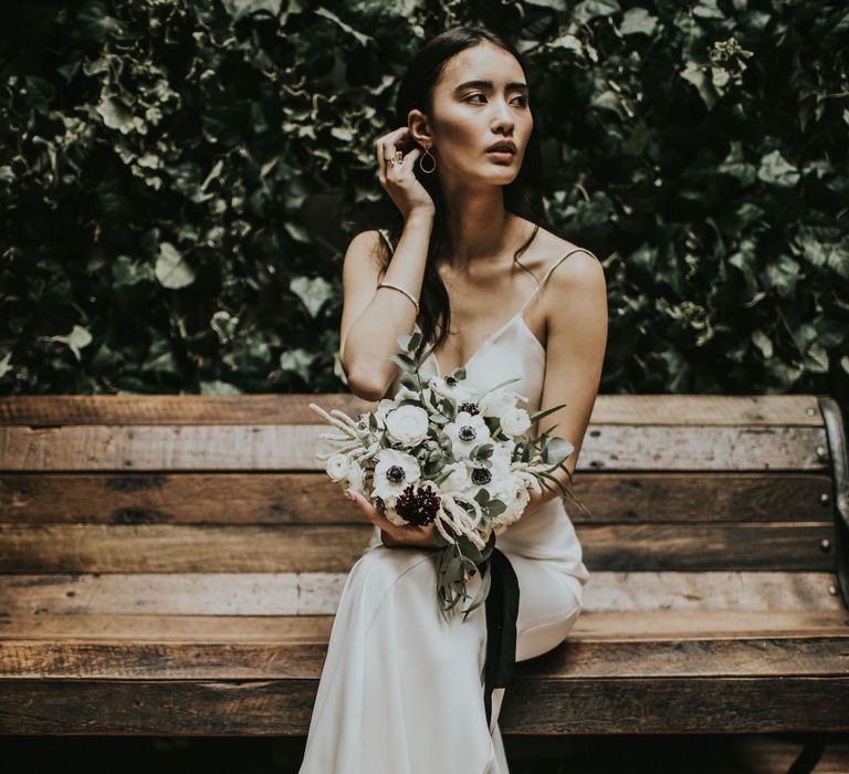 Bride in Slinky Marquis Bridal Gown | Minimalist Monochrome Inspiration with Anemone's &amp; White Genista Flowers styled by The Bijou Bride | Igor Demba Photography | Gione da Silva  Film