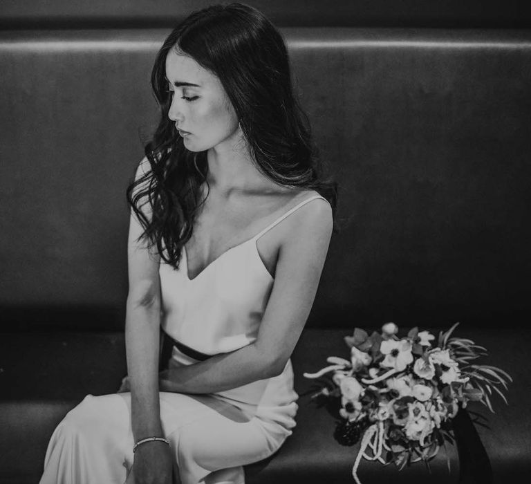 Bride in Slinky Marquis Bridal Gown | Minimalist Monochrome Inspiration with Anemone's &amp; White Genista Flowers styled by The Bijou Bride | Igor Demba Photography | Gione da Silva  Film