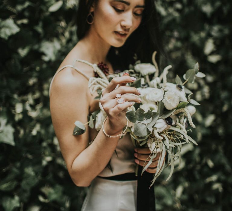 Anemone's &amp; White Genista Bouquet | Minimalist Monochrome Inspiration with Anemone's &amp; White Genista Flowers styled by The Bijou Bride | Igor Demba Photography | Gione da Silva  Film