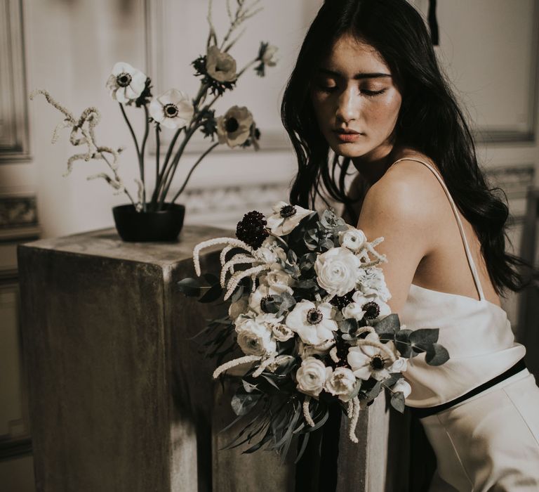 Bride in Slinky Marquis Bridal Gown | Anemone's &amp; White Genista Bouquet | Minimalist Monochrome Inspiration with Anemone's &amp; White Genista Flowers styled by The Bijou Bride | Igor Demba Photography | Gione da Silva  Film