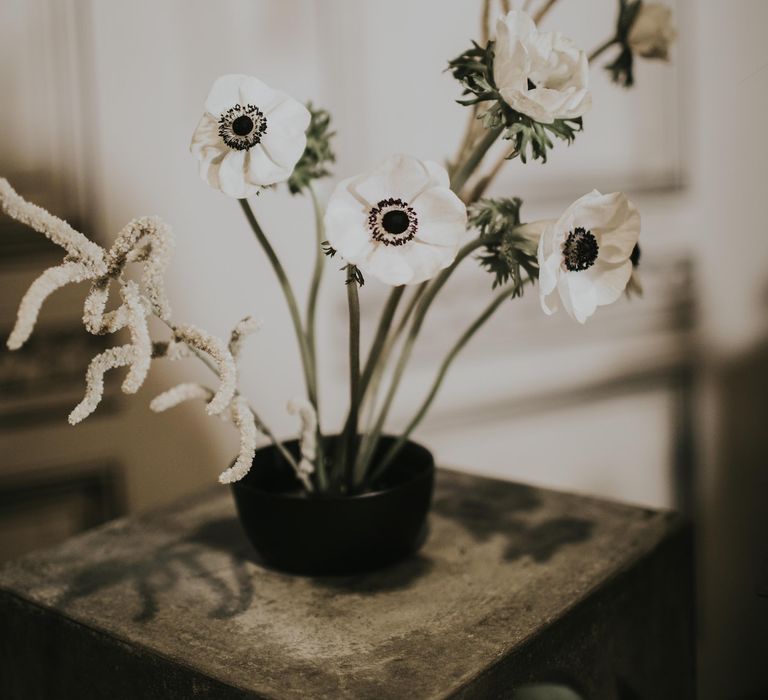 Anemone Stems Floral Arrangement | Minimalist Monochrome Inspiration with Anemone's &amp; White Genista Flowers styled by The Bijou Bride | Igor Demba Photography | Gione da Silva  Film