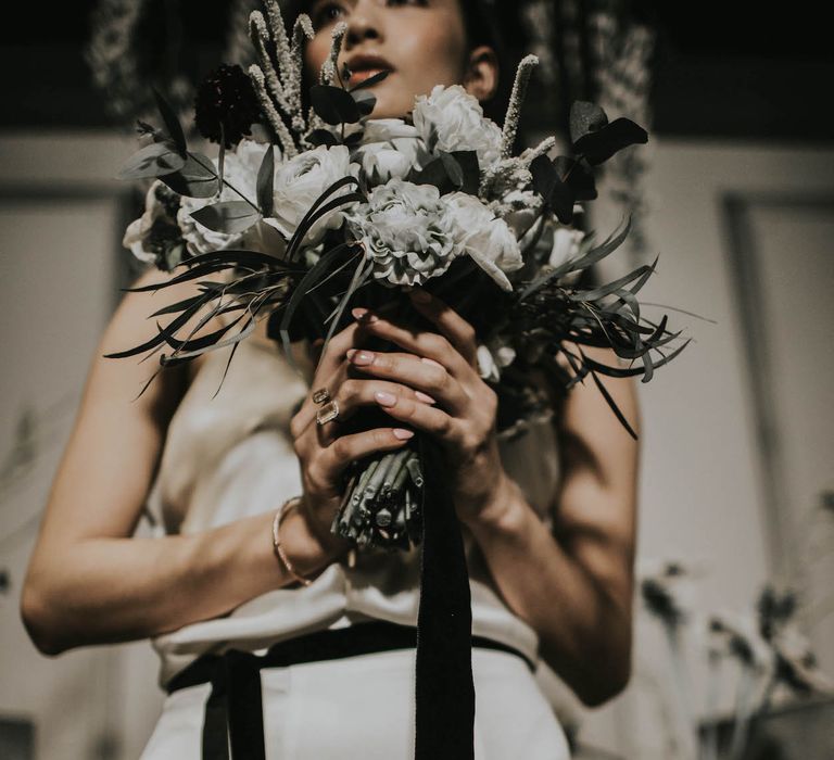 Bride in Slinky Marquis Bridal Gown | Anemone's &amp; White Genista Bouquet | Minimalist Monochrome Inspiration with Anemone's &amp; White Genista Flowers styled by The Bijou Bride | Igor Demba Photography | Gione da Silva  Film