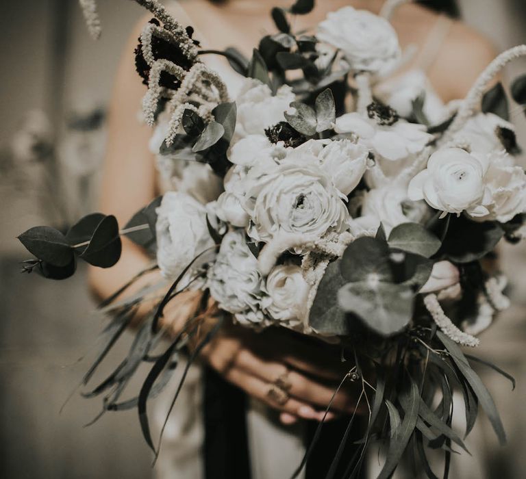 Anemone &amp; Ranunculus Bridal Bouquet | Minimalist Monochrome Inspiration with Anemone's &amp; White Genista Flowers styled by The Bijou Bride | Igor Demba Photography | Gione da Silva  Film