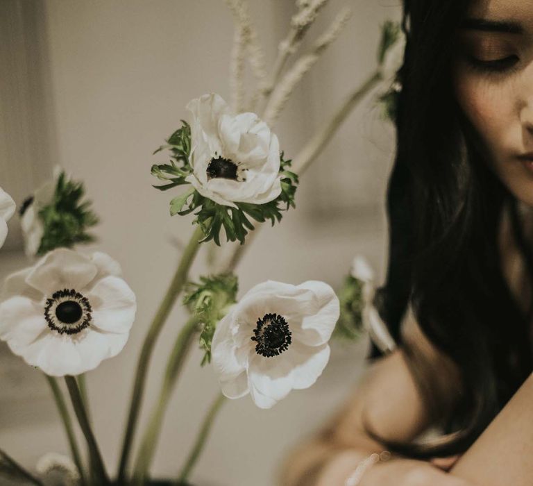 Anemone Stems Floral Arrangement | Minimalist Monochrome Inspiration with Anemone's &amp; White Genista Flowers styled by The Bijou Bride | Igor Demba Photography | Gione da Silva  Film