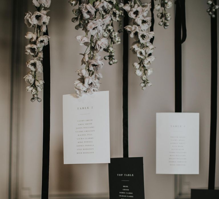 Hanging Anemone Stems with Nat's Paper Studio Stationery Table Plan | Minimalist Monochrome Inspiration with Anemone's &amp; White Genista Flowers styled by The Bijou Bride | Igor Demba Photography | Gione da Silva  Film