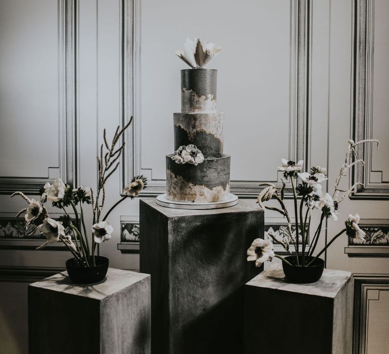 Concrete Wedding Cake by Gaza's Cakes | Anemone Stems Floral Arrangement | Minimalist Monochrome Inspiration with Anemone's &amp; White Genista Flowers styled by The Bijou Bride | Igor Demba Photography | Gione da Silva  Film