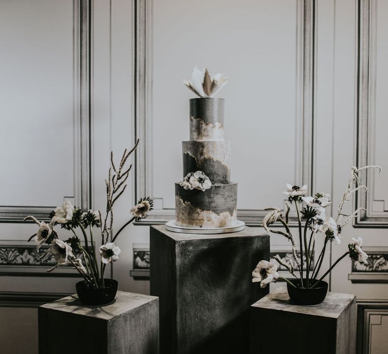 Concrete Wedding Cake by Gaza's Cakes | Anemone Stems Floral Arrangement | Minimalist Monochrome Inspiration with Anemone's &amp; White Genista Flowers styled by The Bijou Bride | Igor Demba Photography | Gione da Silva  Film