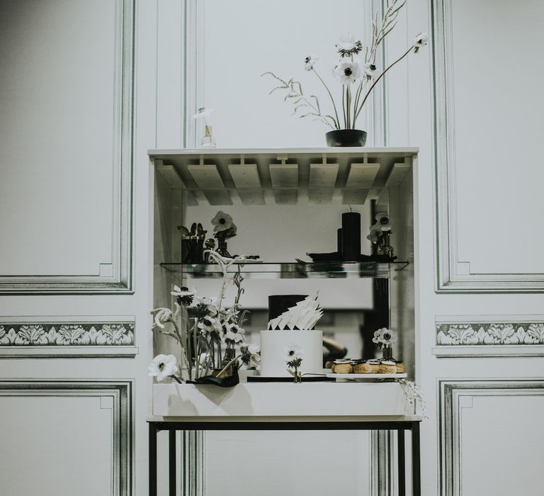 Dessert Table by Gaza's Cakes | Minimalist Monochrome Inspiration with Anemone's &amp; White Genista Flowers styled by The Bijou Bride | Igor Demba Photography | Gione da Silva  Film