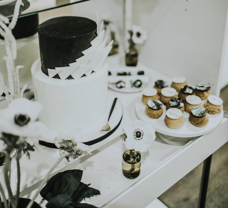 Dessert Table by Gaza's Cakes | Minimalist Monochrome Inspiration with Anemone's &amp; White Genista Flowers styled by The Bijou Bride | Igor Demba Photography | Gione da Silva  Film