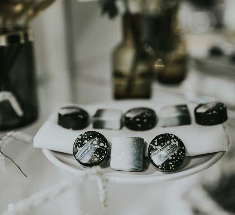 Dessert Table by Gaza's Cakes | Minimalist Monochrome Inspiration with Anemone's &amp; White Genista Flowers styled by The Bijou Bride | Igor Demba Photography | Gione da Silva  Film