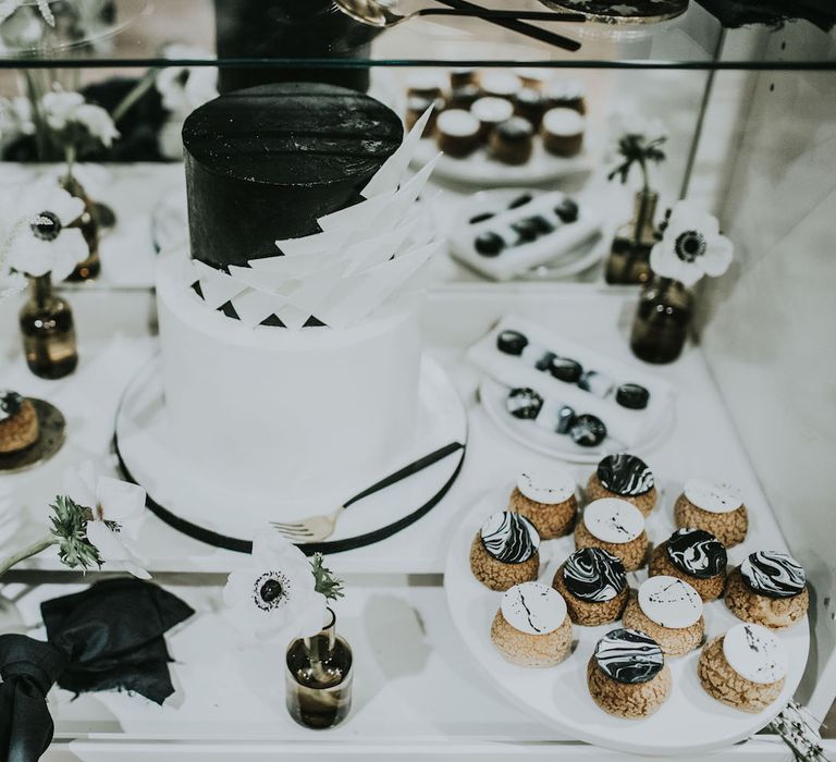 Dessert Table by Gaza's Cakes | Minimalist Monochrome Inspiration with Anemone's &amp; White Genista Flowers styled by The Bijou Bride | Igor Demba Photography | Gione da Silva  Film