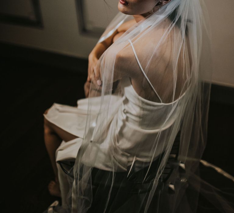 Bride in Slinky Marquis Bridal Gown | Minimalist Monochrome Inspiration with Anemone's &amp; White Genista Flowers styled by The Bijou Bride | Igor Demba Photography | Gione da Silva  Film