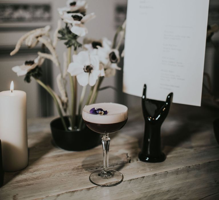 Expresso Martini | Nat's Paper Studio Stationery | Anemone Floral Arrangement | Minimalist Monochrome Inspiration with Anemone's &amp; White Genista Flowers styled by The Bijou Bride | Igor Demba Photography | Gione da Silva  Film