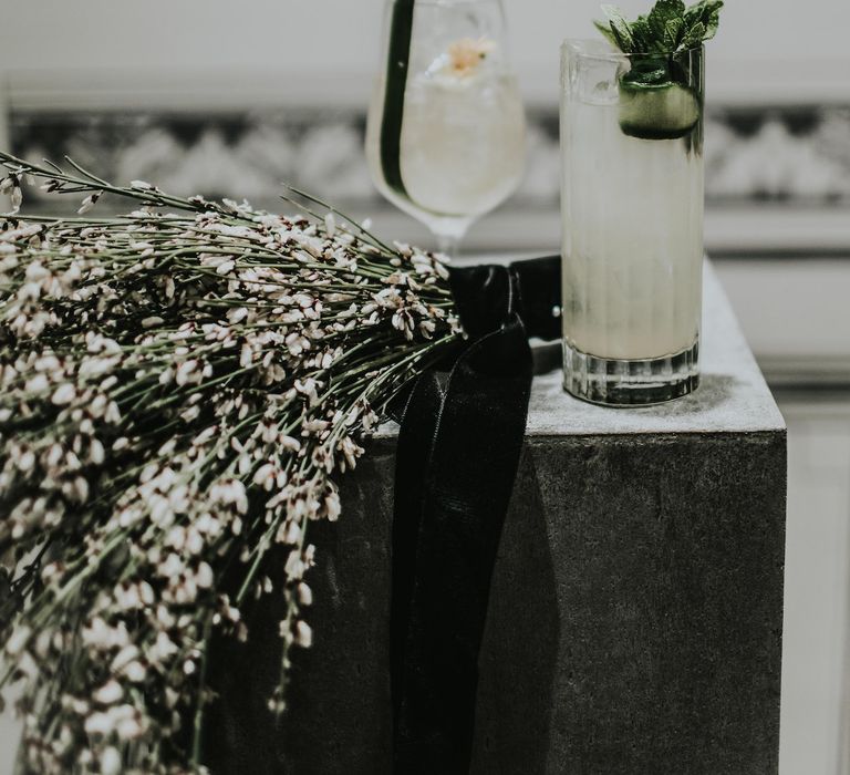 Genista Flowers &amp; Wedding Cocktail | Minimalist Monochrome Inspiration with Anemone's &amp; White Genista Flowers styled by The Bijou Bride | Igor Demba Photography | Gione da Silva  Film