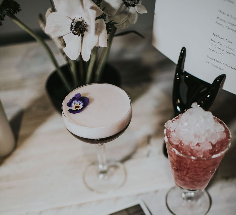 Wedding Cocktails &amp; Polaroids | Minimalist Monochrome Inspiration with Anemone's &amp; White Genista Flowers styled by The Bijou Bride | Igor Demba Photography | Gione da Silva  Film