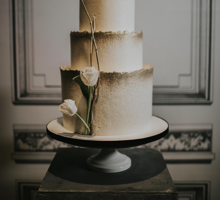 Gaza's Cakes with Gold Decor | Minimalist Monochrome Inspiration with Anemone's &amp; White Genista Flowers styled by The Bijou Bride | Igor Demba Photography | Gione da Silva  Film