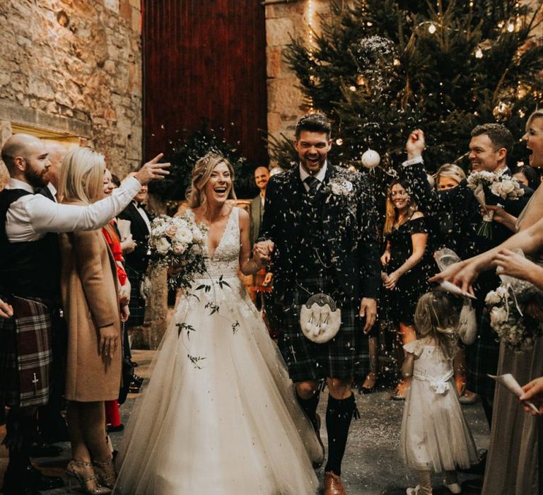 Confetti exit for bride and groom