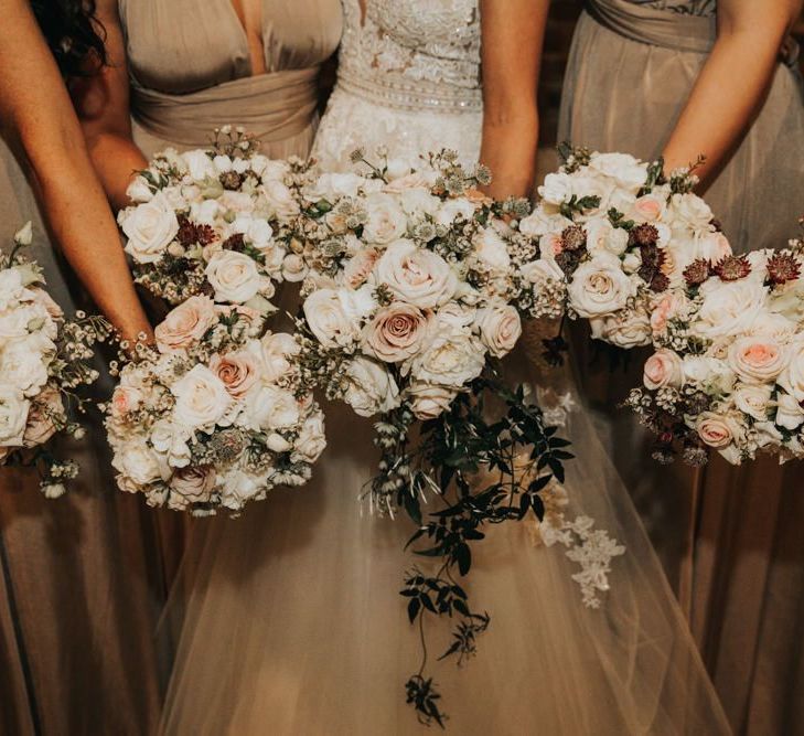 Blush wedding bouquet for bridal party at Kinkell Byre wedding