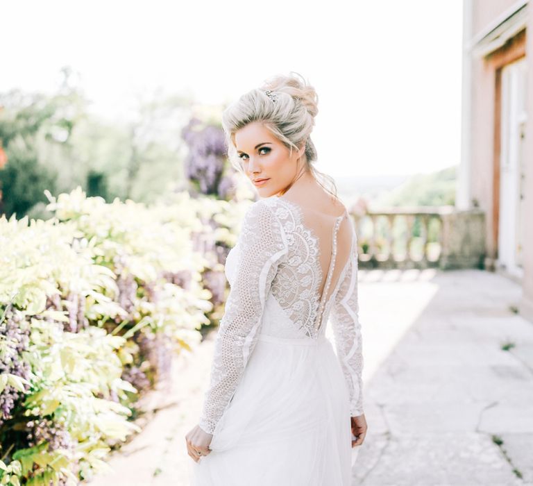 Beautiful Bridal Makeup with Bride in Lace Illusion Back Wedding Dress