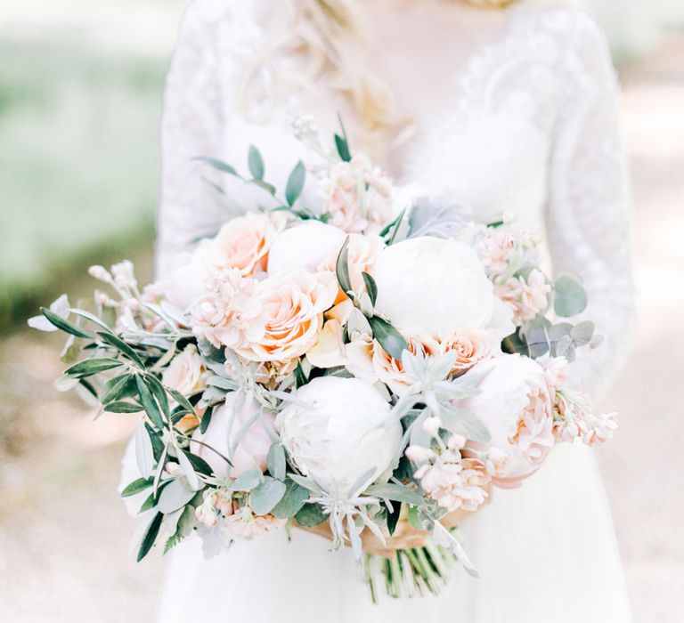 White Peony and Peach Rose Wedding Bouquet