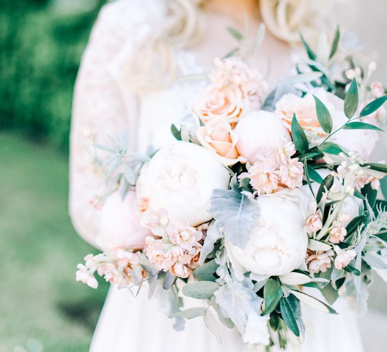 White Peony, Peach Rose and Foliage Wedding Bouquet