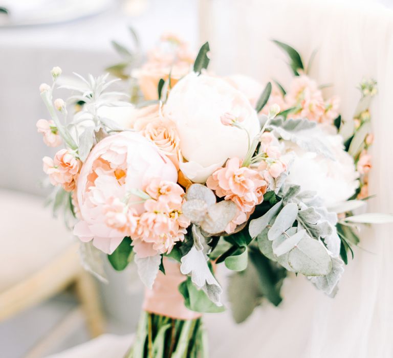 White and Peach Wedding Bouquet with Foliage, Peonies, Stocks and Roses