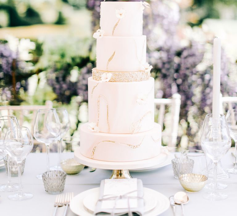 Elegant Blush Pink Wedding Cake with Gold Glitter Detail