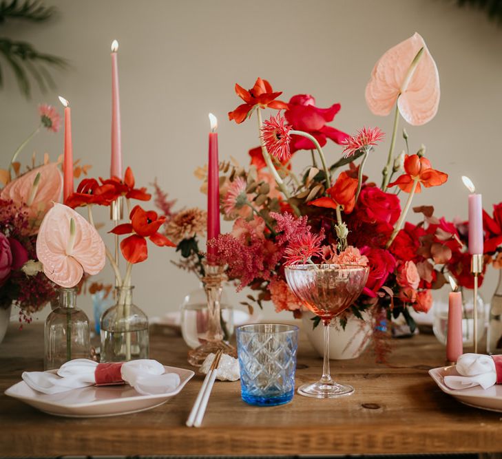 Red and Pink Floral Centrepiece Flowers with Anthurium Flower Stems