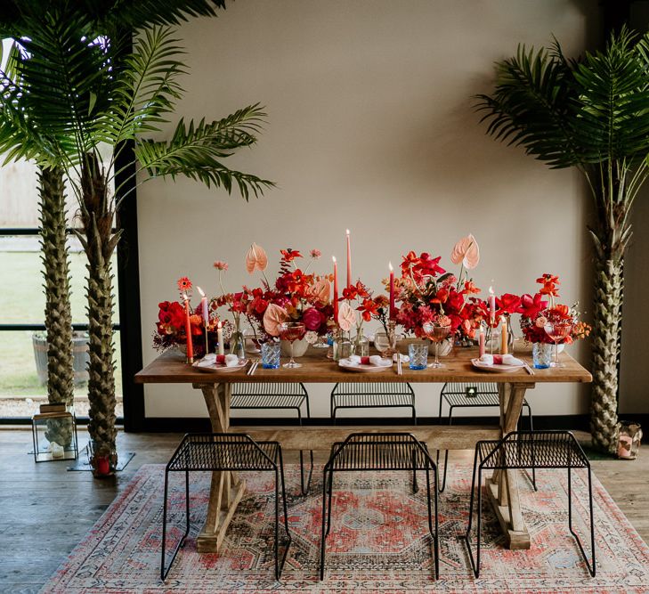 Palm Trees and Modern Tablescape at Botley Hill Barn Wedding Venue in Surrey