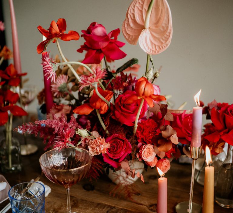 Red and Pink Wedding Flowers and Table Decorations