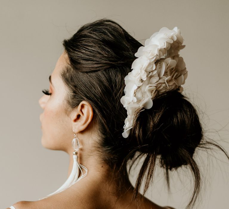 Messy Bridal Updo with White Applique Headdress