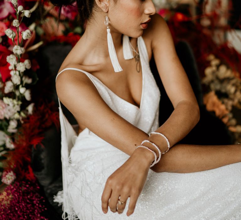 Stylish Bride with White Tassel Earrings and Applique Headdress and Bracelets