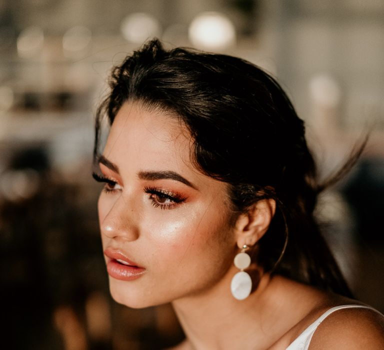 Beautiful Bride with Natural Bridal Makeup and Disc Earrings