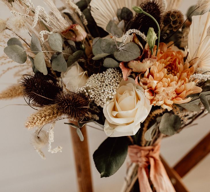 Natural Wedding Bouquet with Dried Flowers and Grasses, Foliage and Cream and Orange Flowers