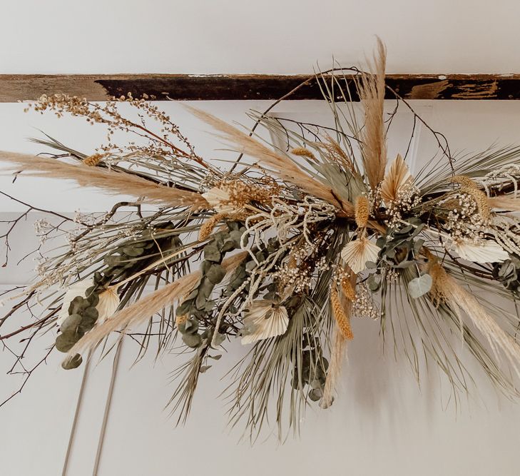 Dried Flower Installation with Twigs, Pampas Grass,  Palm Leaves and Eucalyptus