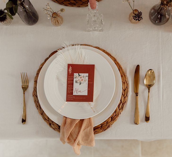 Place Setting with Wicker Place Map, Linen Napkin and Floral Menu Card