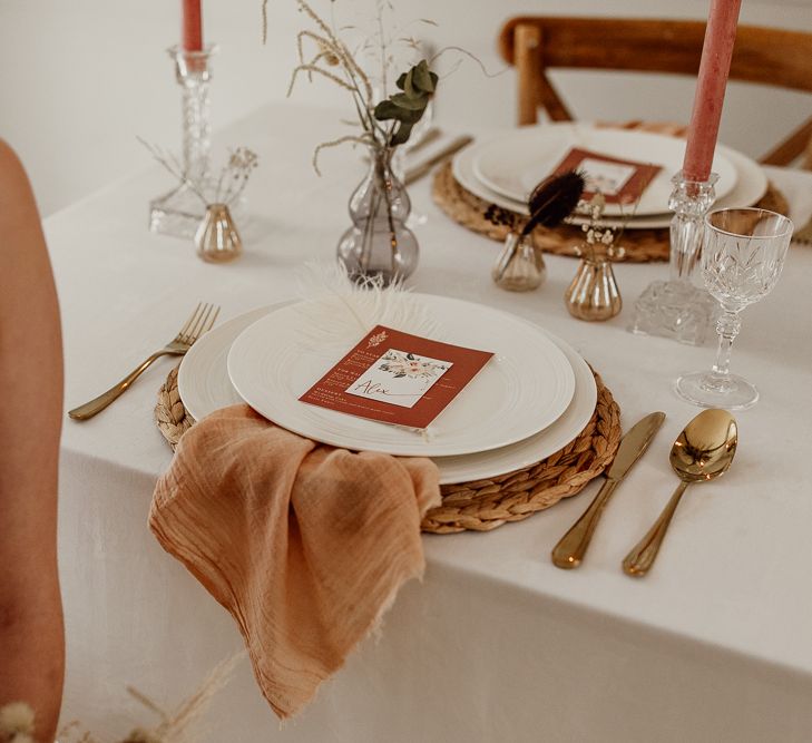 Place Setting with Natural Linen Napkin and Wicker Place Mat