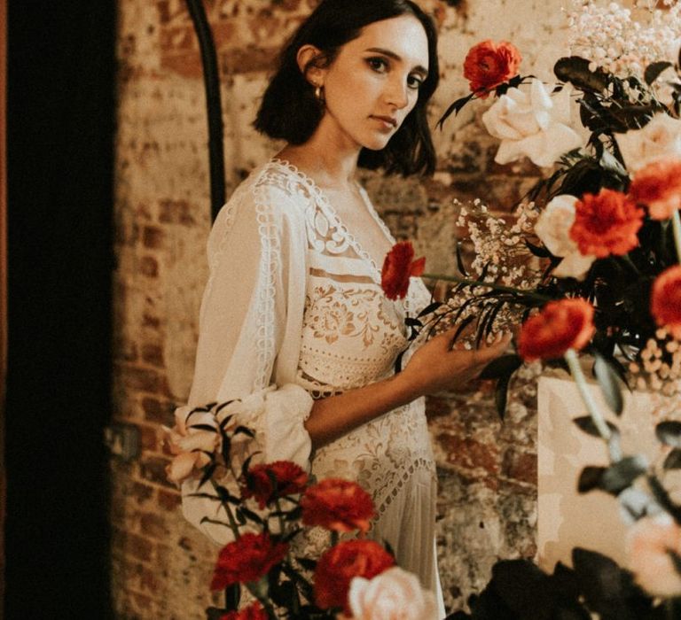 Boho bride with natural makeup and short wedding hair