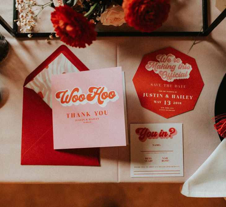 Retro pink and red wedding stationery