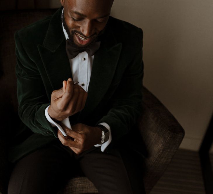 Morning Preparations. Bridal Party. Bride wears dress by Pronovias. Groom wears green velvet blazer from Gieves &amp; Hawkes in this Modern Minimalist Green And White Luxe, City Wedding. Photography by The Curries.