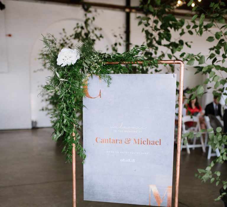 DIY Copper Arbour and Table Plan Stand. Modern Warehouse Wedding in London at Trinity Buoy Wharf. Images by Captured by Katrina Photography