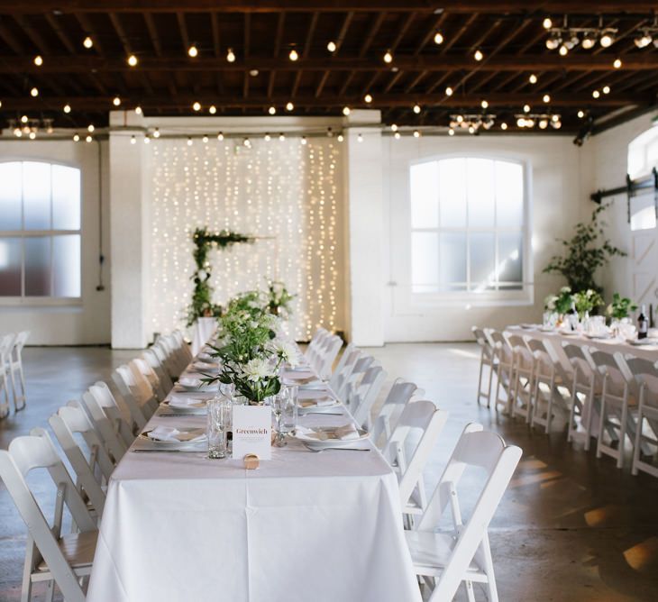 Green Foliage with White Roses and Copper Accents. Modern Warehouse Wedding in London at Trinity Buoy Wharf. Images by Captured by Katrina Photography