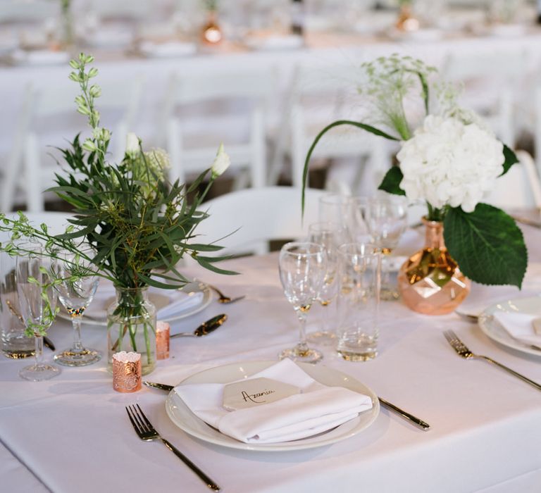 Green Foliage with White Roses and Copper Accents. Modern Warehouse Wedding in London at Trinity Buoy Wharf. Images by Captured by Katrina Photography