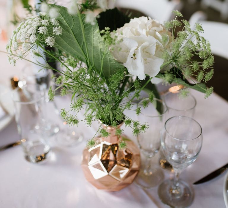 Green Foliage with White Roses and Copper Accents. Modern Warehouse Wedding in London at Trinity Buoy Wharf. Images by Captured by Katrina Photography