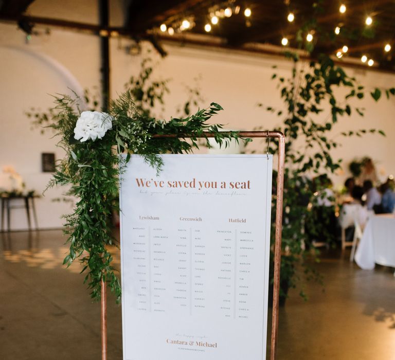 DIY Copper Arbour and Table Plan Stand. Modern Warehouse Wedding in London at Trinity Buoy Wharf. Images by Captured by Katrina Photography